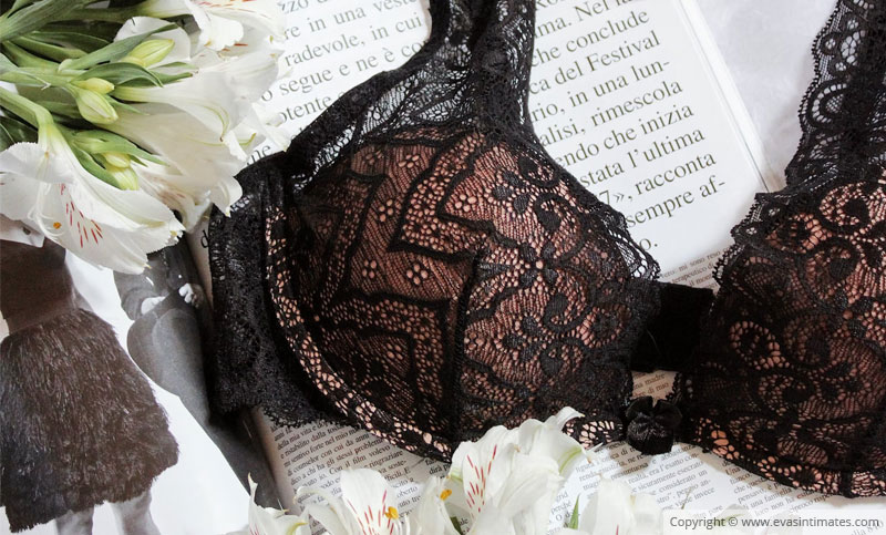 Love & Other Things lace ruffle bra and thong set in black