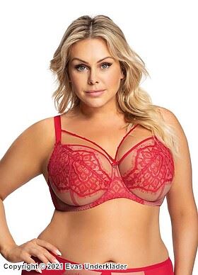 Soft cup bra, sheer mesh, straps over bust, eyelash lace, D to M-cup